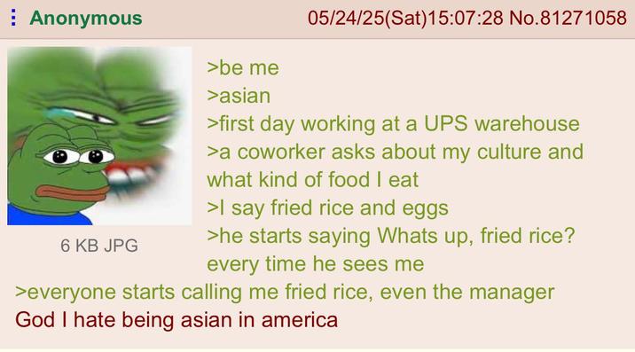 Anonymous 6 KB JPG >be me >asian 05/24/25(Sat) 15:07:28 No.81271058 >first day working at a UPS warehouse >a coworker asks about my culture and what kind of food I eat >I say fried rice and eggs >he starts saying Whats up, fried rice? every time he sees me >everyone starts calling me fried rice, even the manager God I hate being asian in america