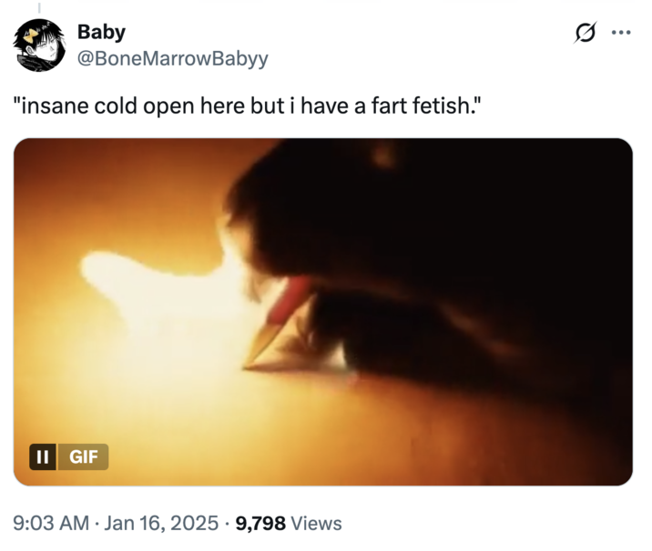A "tweet":https://knowyourmeme.com/memes/sites/twitter-x joking about "Fallenchungus":https://knowyourmeme.com/memes/people/fallenchungus admitting to having a fart "fetish":https://knowyourmeme.com/memes/subcultures/internet-paraphilias.