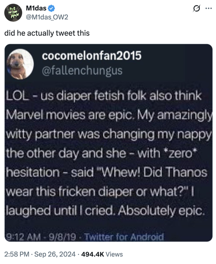 A faked "tweet":https://knowyourmeme.com/memes/sites/twitter-x from "Fallenchungus":https://knowyourmeme.com/memes/people/fallenchungus about him having a fart "fetish":https://knowyourmeme.com/memes/subcultures/internet-paraphilias.