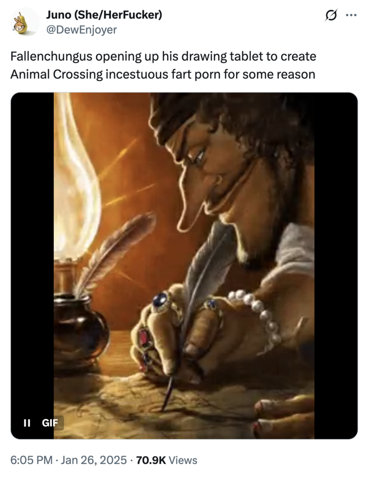 A "tweet":https://knowyourmeme.com/memes/sites/twitter-x joking about "Fallenchungus":https://knowyourmeme.com/memes/people/fallenchungus admitting to having a fart "fetish":https://knowyourmeme.com/memes/subcultures/internet-paraphilias.