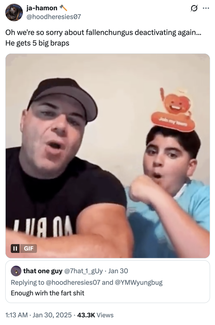 A "tweet":https://knowyourmeme.com/memes/sites/twitter-x joking about "Fallenchungus":https://knowyourmeme.com/memes/people/fallenchungus admitting to having a fart "fetish":https://knowyourmeme.com/memes/subcultures/internet-paraphilias.