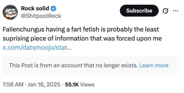 A "tweet":https://knowyourmeme.com/memes/sites/twitter-x joking about "Fallenchungus":https://knowyourmeme.com/memes/people/fallenchungus admitting to having a fart "fetish":https://knowyourmeme.com/memes/subcultures/internet-paraphilias.
