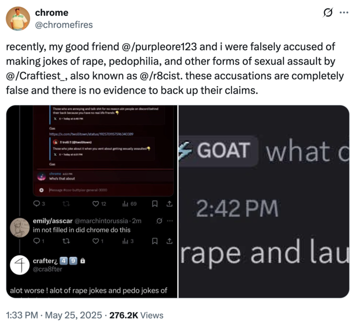 The original "Twitter / X":https://knowyourmeme.com/memes/sites/twitter-x thread exposing user Crafter (==@Craftiest_==) for being racist and problematic.