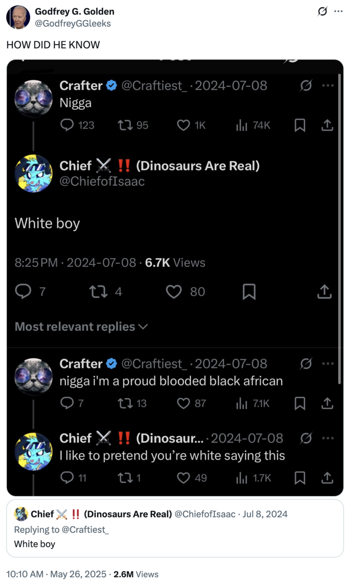 A "quote-tweet":https://knowyourmeme.com/memes/quote-retweets-qrts about an old July 2024 post in which a user called Crafter a "white boy," which came to fruition in 2025.