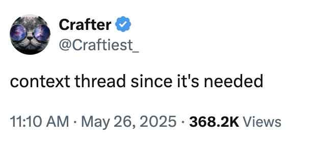 Crafter tweeting a thread called a "context thread" to address some of the allegations made against him in May 2025.