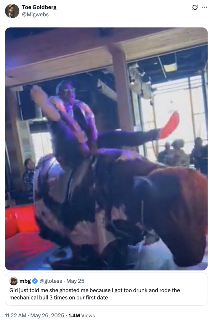 May 26th, 2025 tweet by @Migwebs X user @Migwebs posted a screengrab of X user @WilliamRichJr riding a mechanical bull and gathered over 36,000 likes in a day.