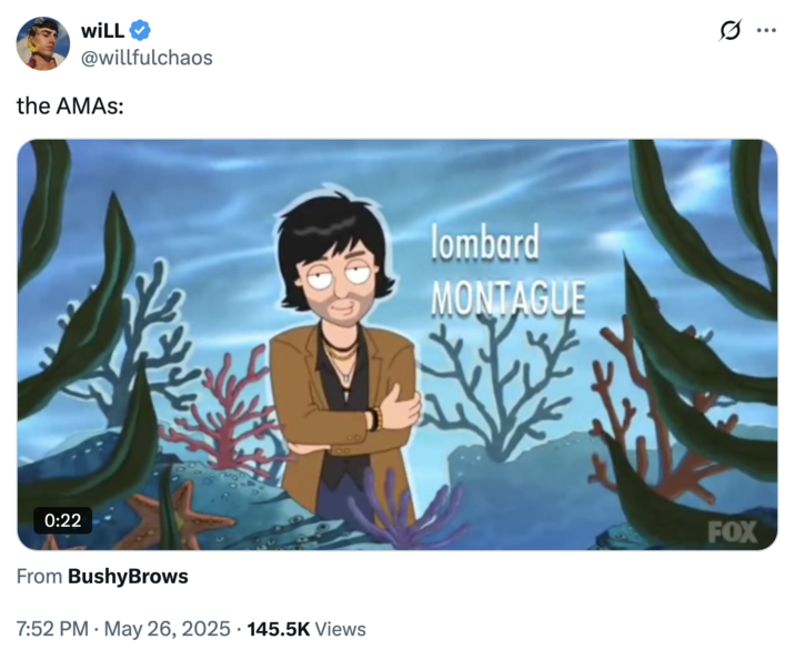 X user @willfulchaos tweeted the _Family Guy_ Teen Choice Awards clip to joke about how they don't recognize the celebrities at the American Music Awards. 