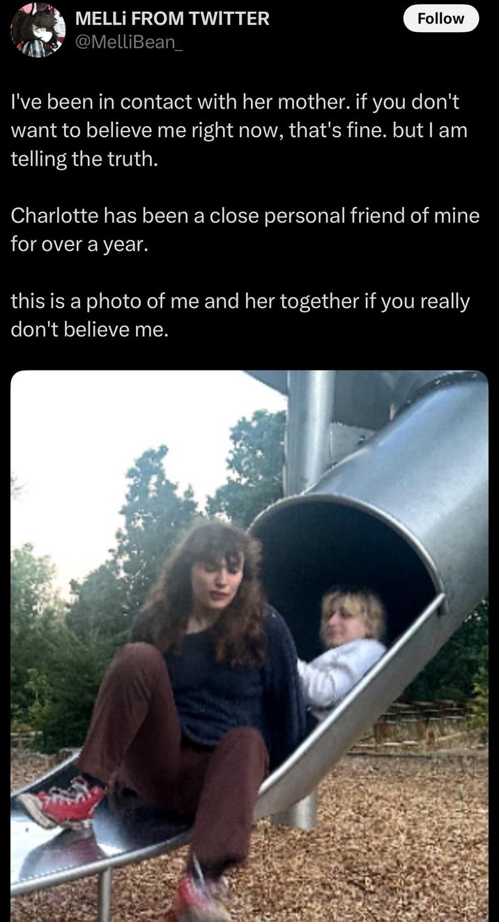 A "tweet":https://knowyourmeme.com/memes/sites/twitter-x from "Twitter / X":https://knowyourmeme.com/memes/sites/twitter-x user @MelliBean_, who was a close friend of Charlotte, @burntfishie, and said that she had passed.