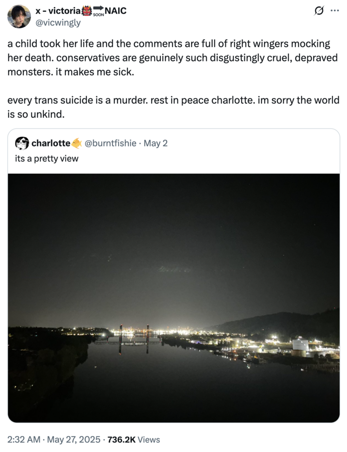 A "quote-tweet":https://knowyourmeme.com/memes/quote-retweets-qrts expressing outrage against right-wingers and conservatives for making transphobic jokes to the suicide of Charlotte Fosgate.