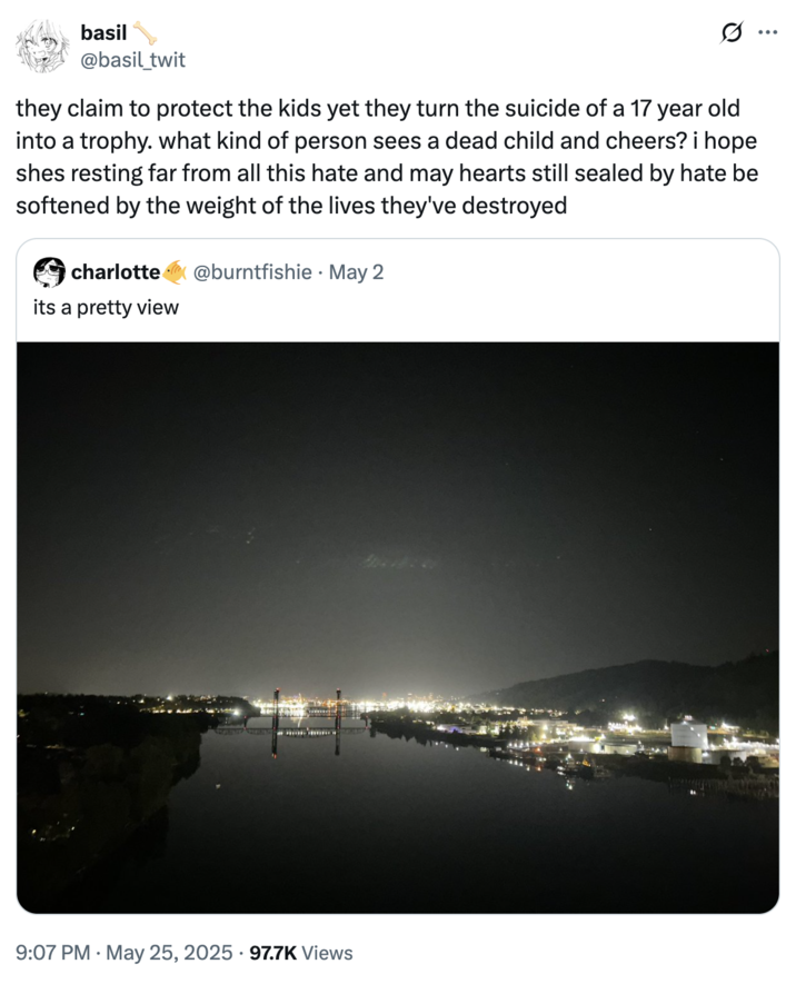 A "quote-tweet":https://knowyourmeme.com/memes/quote-retweets-qrts expressing outrage against right-wingers and conservatives for making transphobic jokes to the suicide of Charlotte Fosgate.