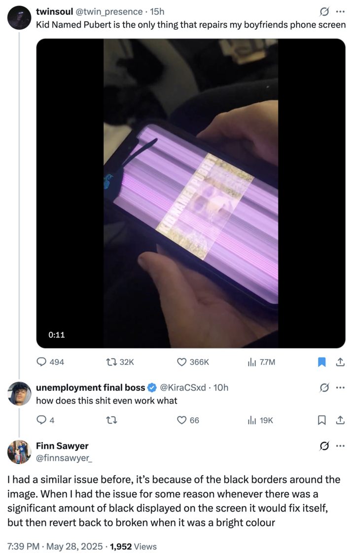 I had a similar issue before, it’s because of the black borders around the image. A person offering a theory as to why the Kid Named Pubert magicallyfizes the iPhone screen of the "Twitter / X":https://knowyourmeme.com/memes/sites/twitter-x user.