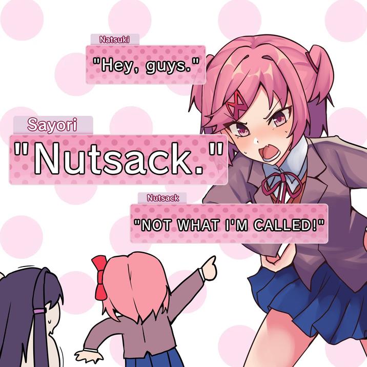 Sayori 00 Natsuki "Hey, guys." N------." N------ "NOT WHAT I'M CALLED!"