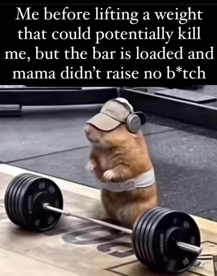 Me before lifting a weight that could potentially kill me, but the bar is loaded and mama didn't raise no b*tch