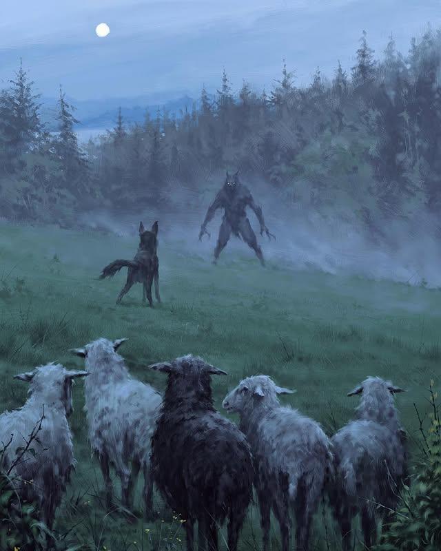 A piece of art by Jakub Rozalski. The art shows a dog defending a flock of sheep from a werewolf.