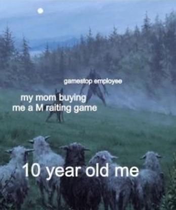 gamestop employee my mom buying me a M raiting game 10 year old me