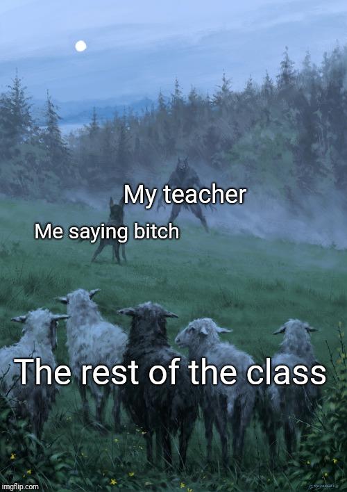 A version of the dog vs. werewolf meme. The meme is about defending the class from the teacher by cursing at her.
