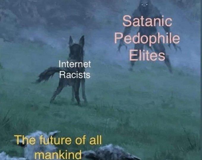 A version of the dog vs. werewolf meme. The meme is about internet racists defending the future of humanity from satanic elites.