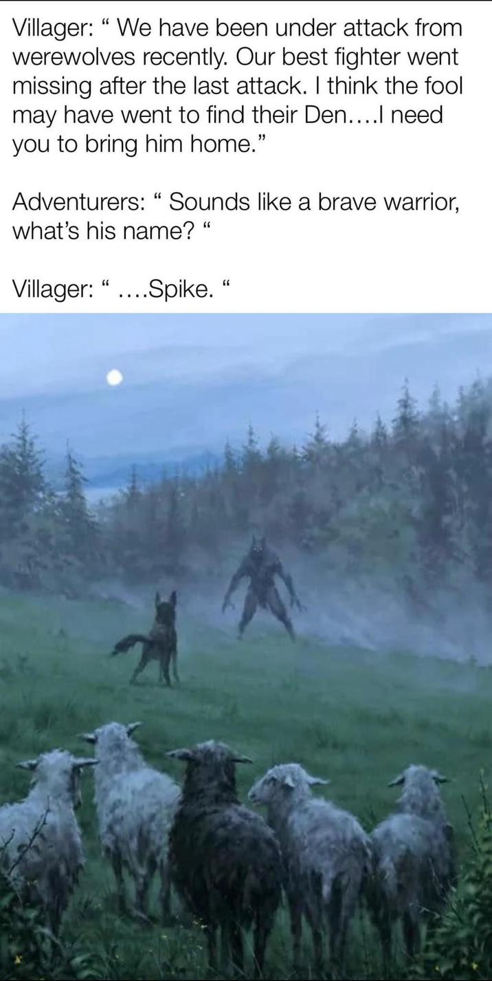Villager: "We have been under attack from werewolves recently. Our best fighter went missing after the last attack. I think the fool may have went to find their Den....I need you to bring him home." Adventurers: "Sounds like a brave warrior, what's his name?" Villager: "....Spike."