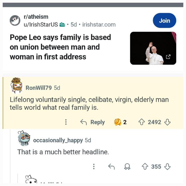 r/atheism . • u/IrishStarUS 5d irishstar.com Pope Leo says family is based on union between man and woman in first address Join 2 Ron Will79 5d Lifelong voluntarily single, celibate, virgin, elderly man tells world what real family is. Reply 2 2492 occasionally_happy 5d That is a much better headline. Д 355