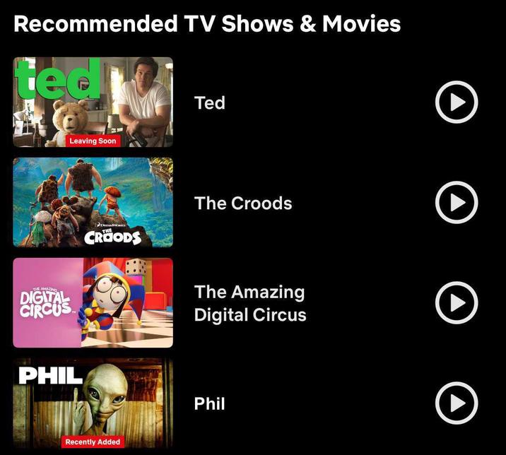 Recommended TV Shows & Movies ted THE AMAZING DIGITAL CIRCUS Leaving Soon PHIL DREAMWORKS THE CROODS Recently Added Ted The Croods The Amazing Digital Circus Phil