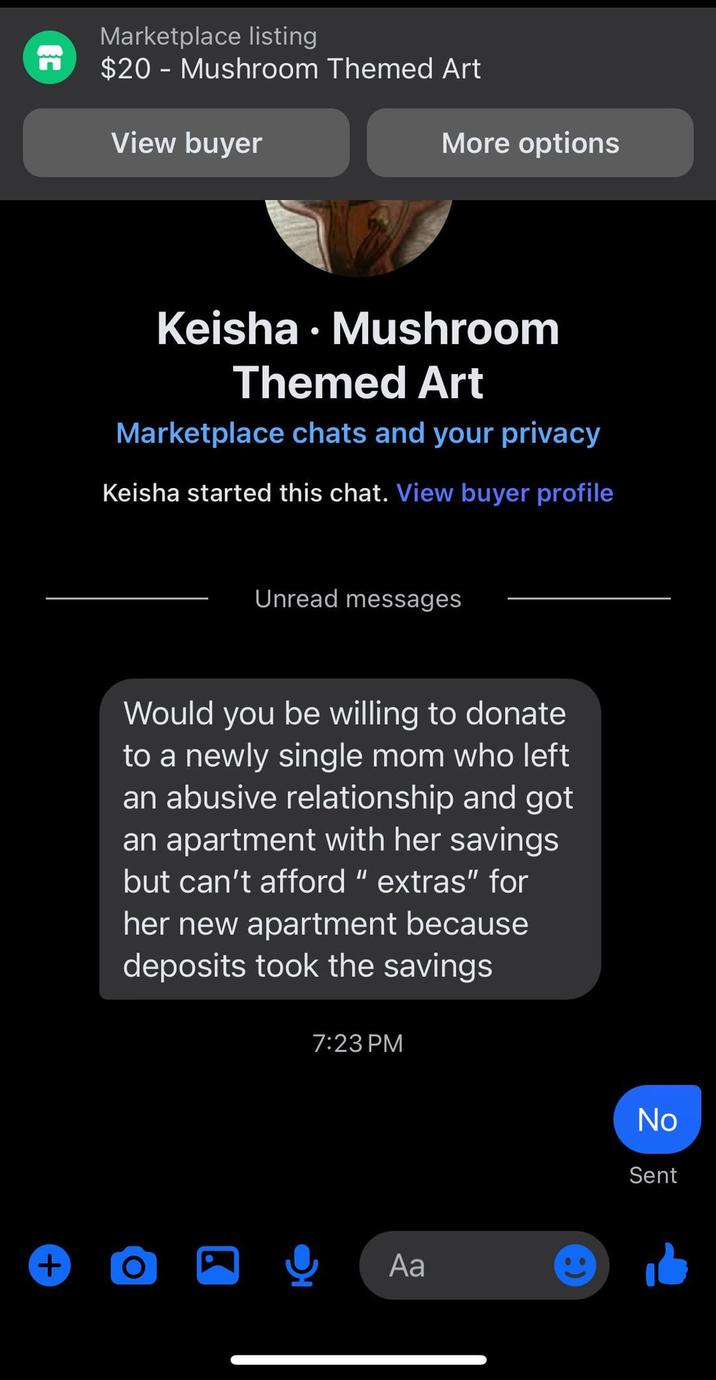 E More options Marketplace listing $20 - Mushroom Themed Art View buyer Keisha. Mushroom Themed Art Marketplace chats and your privacy Keisha started this chat. View buyer profile Unread messages Would you be willing to donate to a newly single mom who left an abusive relationship and got an apartment with her savings but can't afford "extras" for her new apartment because deposits took the savings + O 7:23 PM Aa No Sent