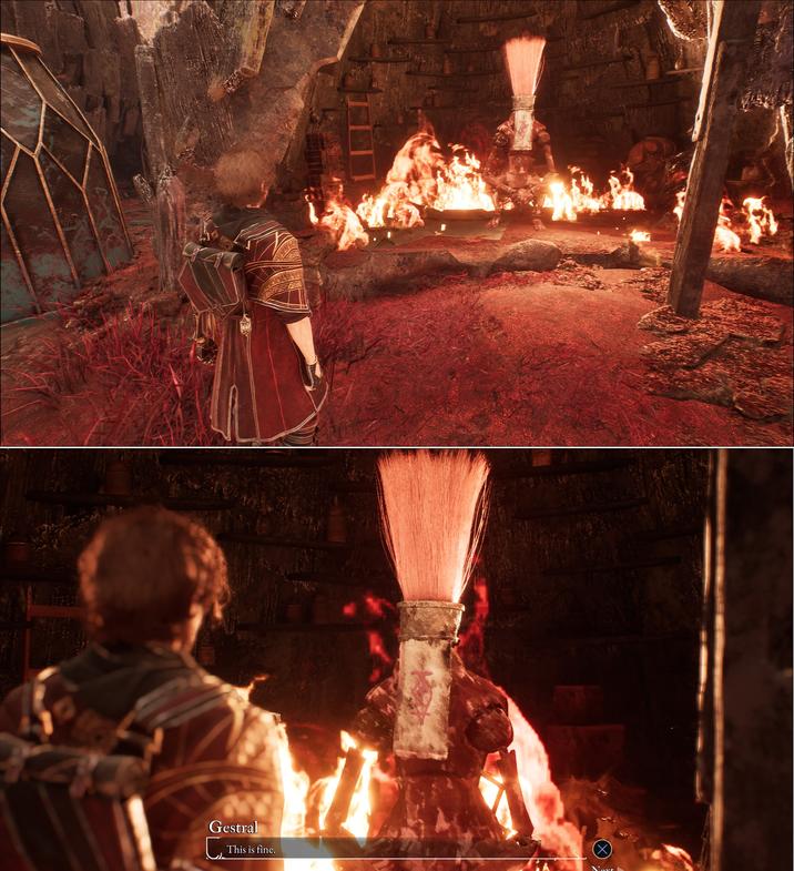 A calm-looking gestral you can find in a hut surrounded by fire.