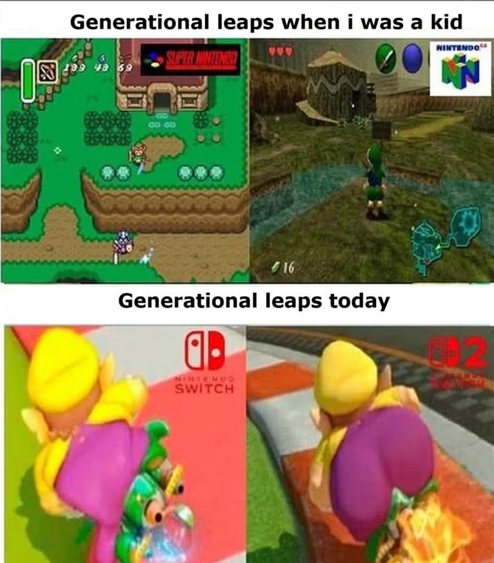 © Generational leaps when i was a kid SUPER NINTENDO NINTENDO 80 16 Generational leaps today 0 MONTENED SWITCH