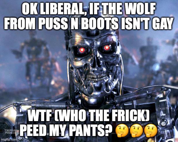 OK LIBERAL, IF THE WOLF FROM P--- N BOOTS ISN'T GAY TERMIN RISE M imgflip.com W-- (WHO THE FRICK) PEED MY PANTS?