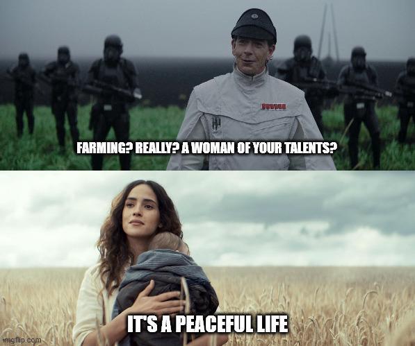 imgflip.com FARMING? REALLY? A WOMAN OF YOUR TALENTS? IT'S A PEACEFUL LIFE