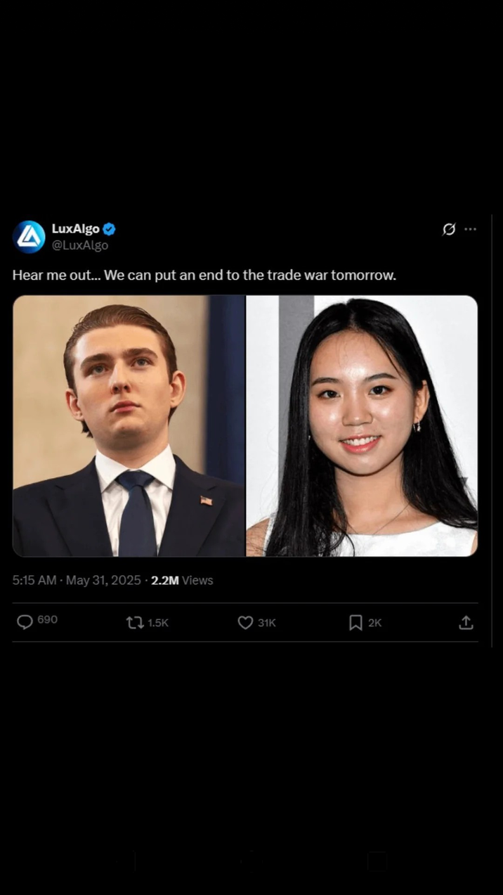 LuxAlgo @LuxAlgo Hear me out... We can put an end to the trade war tomorrow. . 5:15 AM - May 31, 2025 2.2M Views 690 1.5K ... 31K 2K ↑