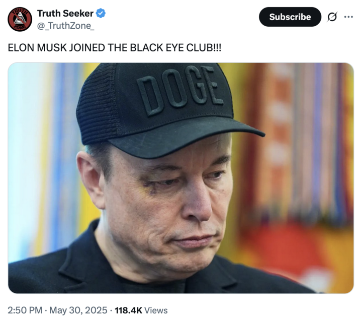 Tweet announcing, "ELON MUSK JOINED THE BLACK EYE CLUB!!!," in reference to a "conspiracy theory":https://knowyourmeme.com/memes/cultures/conspiracy-theories about celebrities and politicians sporting black eyes at some point in their career. Some internet users allege that the appearance of a black eye on a notable person signals that they have joined a secret society known as the "Black Eye Club":https://knowyourmeme.com/memes/the-black-eye-club.