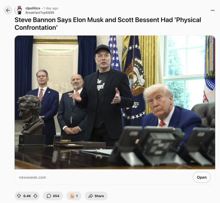 Reddit user /u/BreakfastTop6899 posted a Newsweek article citing Steve Bannon as saying Scott Bessent is responsible for Elon Musk's black eye. Bessent is the Treasury Secretary under the Trump administration.