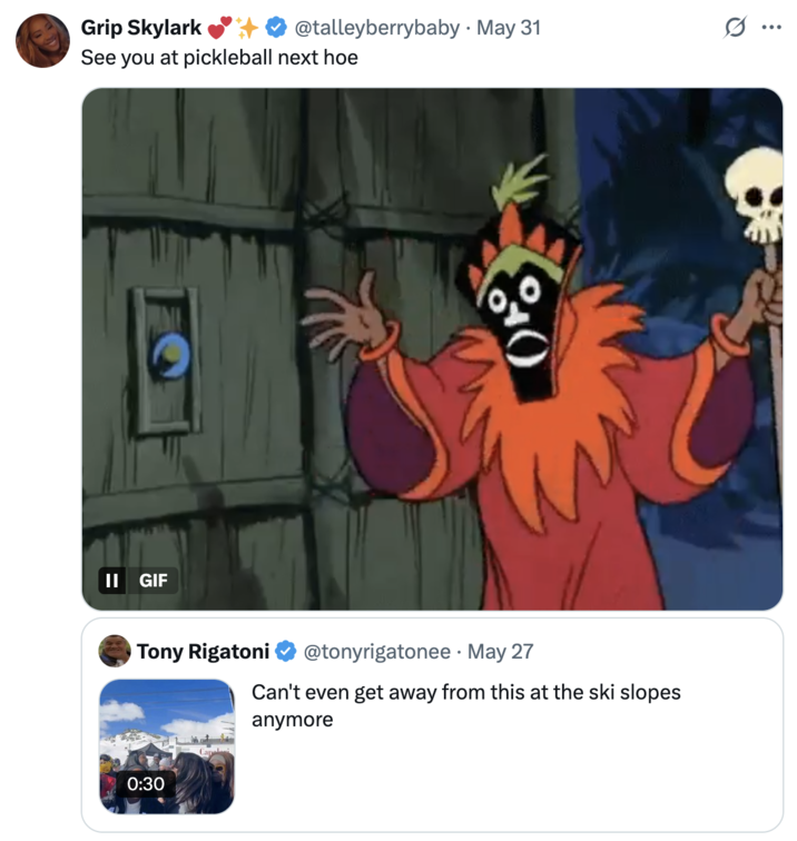 Grip Skylark @talleyberrybaby • May 31 See you at pickleball next hoe II GIF 40 Tony Rigatoni @tonyrigatonee · May 27 Can't even get away from this at the ski slopes anymore 0:30