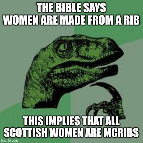THE BIBLE SAYS WOMEN ARE MADE FROM A RIB THIS IMPLIES THAT ALL SCOTTISH WOMEN ARE MCRIBS imgflip.com