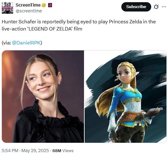 Hunter Schafer is reportedly being eyed to play Princess Zelda in the live-action ‘LEGEND OF ZELDA’ film A tweet reading, "Hunter Schafer is reportedly being eyed to play Princess Zelda in the live-action ‘LEGEND OF ZELDA’ film." This is an unconfirmed rumor.