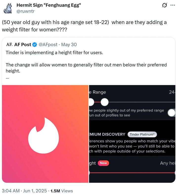 (50 year old guy with his age range set 18-22) when are they adding a weight filter for women???? Hermit Sign "Fenghuang Egg" Gul @ruwntr (50 year old guy with his age range set 18-22) when are they adding a weight filter for women???? AF. AF Post @AFpost May 30 • Tinder is implementing a height filter for users. The change will allow women to generally filter out men below their preferred height. 3:04 AM ⚫ Jun 1, 2025 1.5M Views e Range ow people slightly out of my preferred range un out of profiles to see ... 24- EMIUM DISCOVERY Tinder PlatinumⓇ ferences show you people who match your vibe won't limit who you see - you'll still be able to ch with people outside of your selections. ght New Any hei