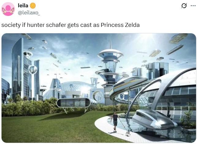 society if hunter schafer gets cast as Princess Zelda A meme reading, "society if hunter schafer gets cast as Princess Zelda."