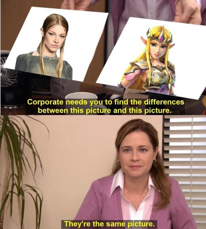 They're the Same Picture Zelda Hunter Schafer Version A version of the "they're the same picture":https://knowyourmeme.com/memes/theyre-the-same-picture meme. The meme is about Hunter Schafer playing Princess Zelda.
