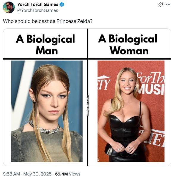 Hunter Schafer or Sydney Sweeney as Princess Zelda? A Twitter post asking if people would prefer Hunter Schafer or Sydney Sweeney as Princess Zelda in a "Legend of Zelda" movie. The meme is transphobic and simply refers to Schafer, a trans woman, as "a biological man."
