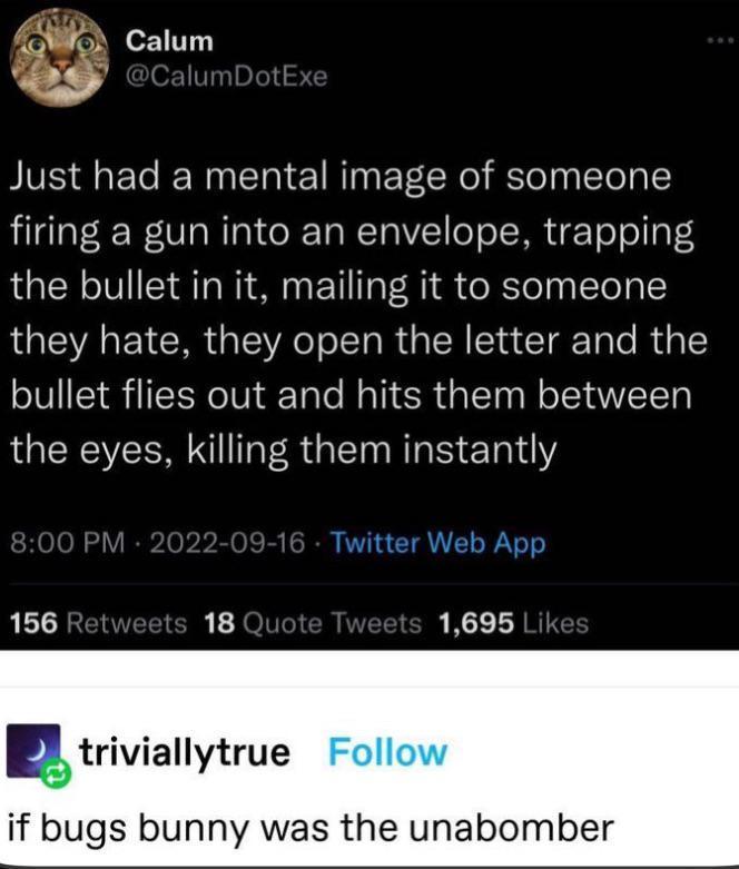Calum @CalumDotExe Just had a mental image of someone firing a gun into an envelope, trapping the bullet in it, mailing it to someone they hate, they open the letter and the bullet flies out and hits them between the eyes, killing them instantly 8:00 PM -2022-09-16 Twitter Web App 156 Retweets 18 Quote Tweets 1,695 Likes triviallytrue Follow if bugs bunny was the unabomber