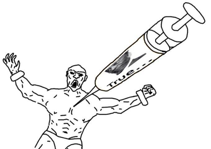 An "exploited":https://knowyourmeme.com/memes/exploitables version of the Soyjak Shot With Hope Syringe meme, showing the "Morgan Freeman True":https://knowyourmeme.com/memes/morgan-freeman-true "meme":https://knowyourmeme.com/memes/memes on the syringe.
