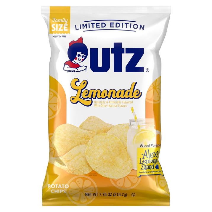 Family SIZE LIMITED EDITION GLUTEN FREE Cutz Lemonade Naturally & Artificially Flavored With Other Natural Flavors POTATO CHIPS Enlarged to show fecture NET WT 7.75 OZ (219.7g) Proud Partne Alex Lemona Stand Foundation for Childhood Crcer