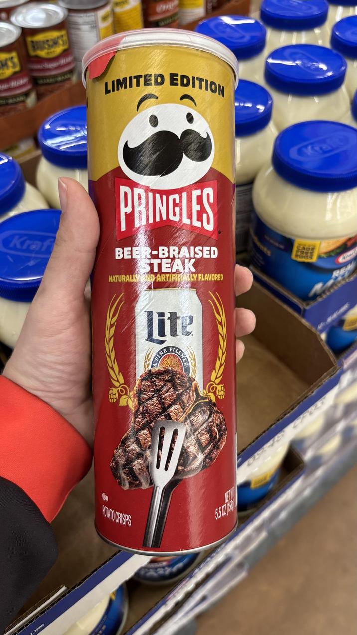JARS M'S BAULSINKS LIMITED EDITION Kraf PRINGLES BEER-BRAISED STEAK NATURAL ARTIFICIALLY FLAVORED POTATO CRISPS Lite FINE PILSNER 5.50271 CAGE FREE Kraft