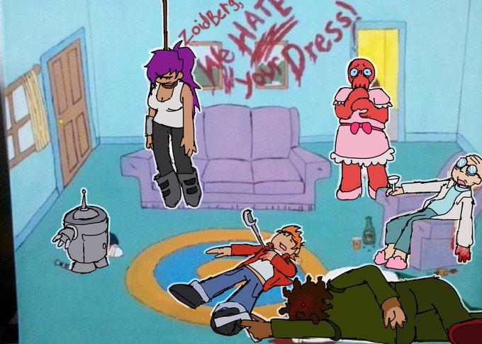 A version of the "Meg we hate your dress" meme. The meme is redrawn with Futurama characters.