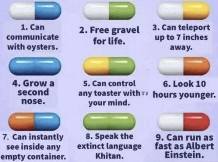 1. Can communicate with oysters. 2. Free gravel for life. 3. Can teleport up to 7 inches away. 4. Grow a second nose. 5. Can control any toaster with your mind. 6. Look 10 hours younger. 7. Can instantly see inside any empty container. 8. Speak the extinct language Khitan. 9. Can run as fast as Albert Einstein.