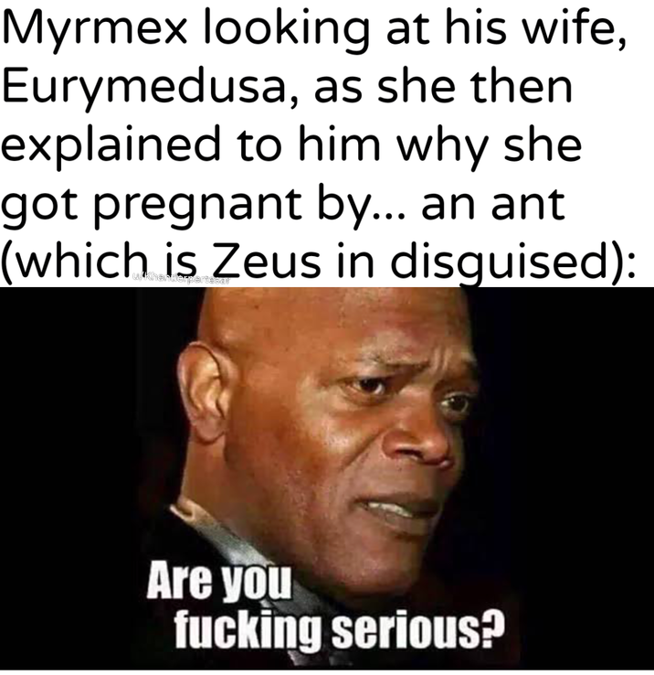 Myrmex looking at his wife, Eurymedusa, as she then explained to him why she got pregnant by... an ant (which is Zeus in disguised): Are you f------ serious?
