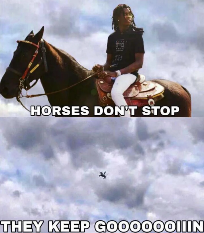 May 18th, 2020 post on /r/YoungThug Redditor /u/glitchslip posted a meme featuring Young Thug riding a horse to a subreddit dedicated to the rapper, joking about the misheard lyric "Horses don't stop they keep going."