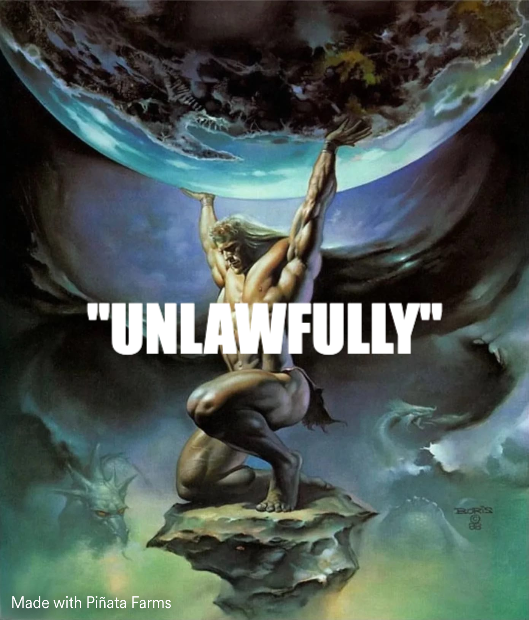 June 3rd, 2025 tweet by @MiddleOfMayhem X user @MiddleOfMayhem posted an image of Atlas holding up the sky, labeled with the word "unlawfully" to imply that the word is doing all the "heavy lifting" in Palantir's statement.