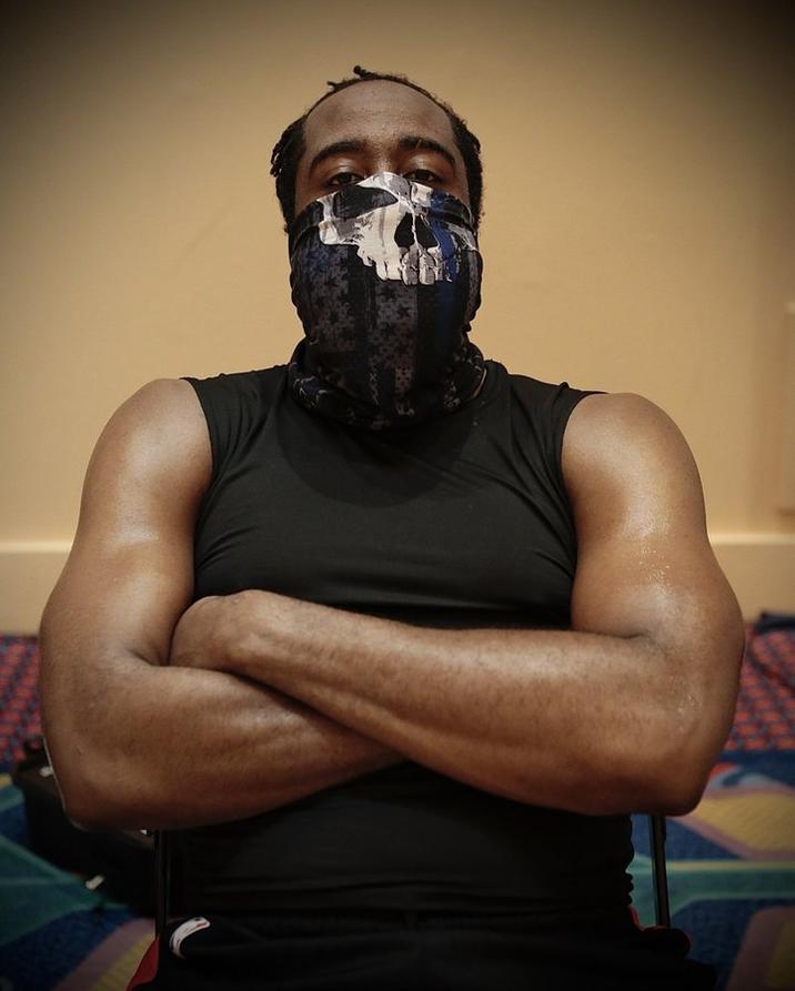 The original photo of "NBA":https://knowyourmeme.com/memes/cultures/basketball player James Harden wearing a ""Blue Lives Matter":https://knowyourmeme.com/memes/blue-lives-matter" "Punisher Skull":https://knowyourmeme.com/memes/punisher-skull mask.