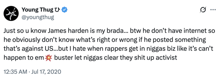 Young Thug's 2020 tweet about James Harden's Blue Lives Matter mask The original "tweet":https://knowyourmeme.com/memes/sites/twitter-x shared by "rapper":https://knowyourmeme.com/memes/cultures/rap-hip-hop "Young Thug":https://knowyourmeme.com/memes/people/young-thug who excused "NBA":https://knowyourmeme.com/memes/cultures/basketball player James Harden for wearing a ""Blue Lives Matter":https://knowyourmeme.com/memes/blue-lives-matter" "Punisher Skull":https://knowyourmeme.com/memes/punisher-skull mask, saying, "He don't got internet."